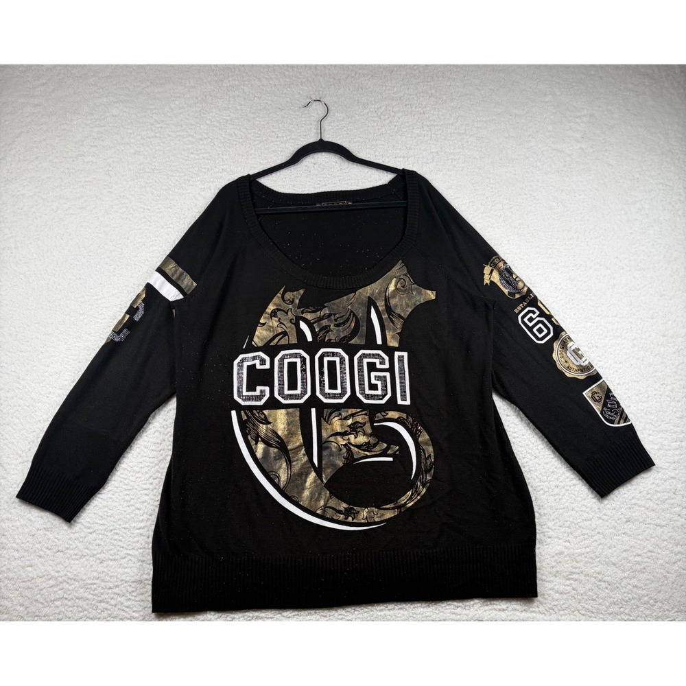 Coogi Knit Sweater Womens Graphic Logo Patch Sleeve 3X Black Gold Metallic Y2K